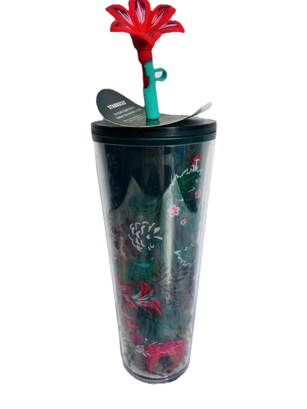 Starbucks Green Lid Cup Topper with Red Flower Straw